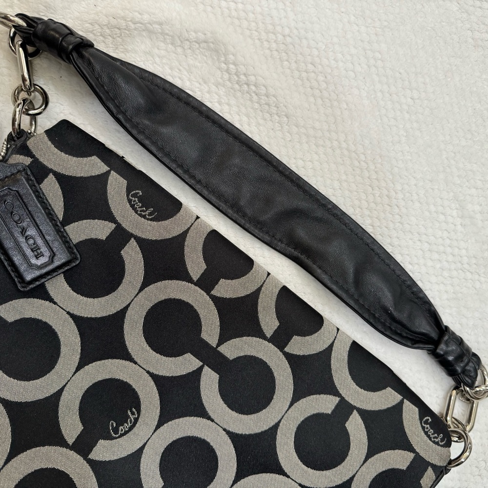 Coach Black/Gray Kristin Op Art Signature Flap Sateen Leather Shoulder Bag - Picture 12 of 14
